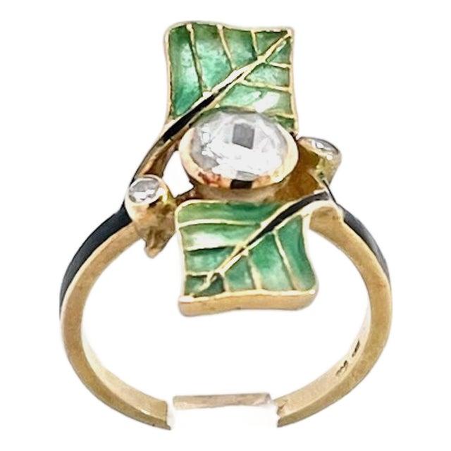 1930s Art Nouveau Diamond and Plique a Jour Ring, Size 6 For Sale