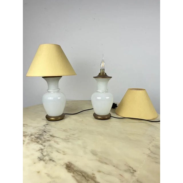 Set 2 Murano and brass glass table lamps, F. Fabbian, Italy, 70s Found in a noble apartment. Very beautiful and particular...