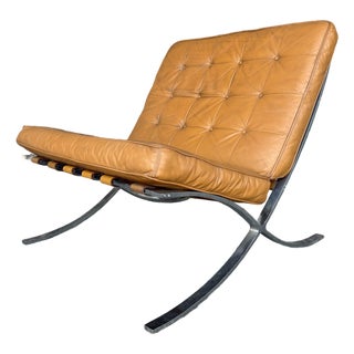 Tan Leather Mid Century Barcelona Style Lounge Chair For Sale