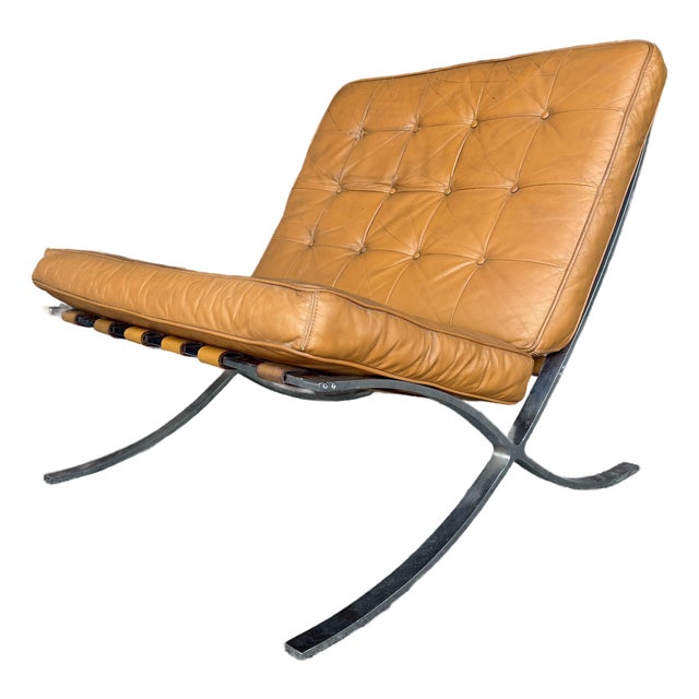 Tan Leather Mid Century Barcelona Style Lounge Chair For Sale