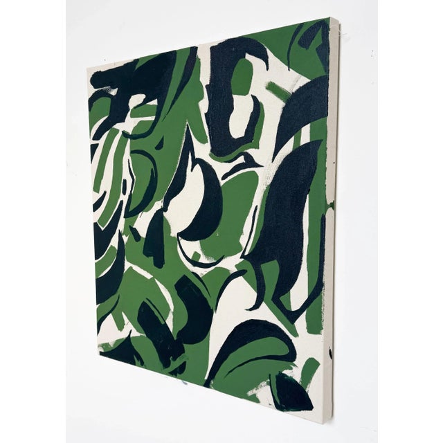 This painting uses an interplay of dark green, black, and negative space, forming abstract, gestural shapes that evoke a...