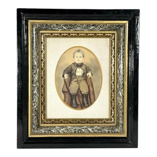 19th Century Victorian Framed Pastel & Watercolor Portrait Painting of Young Boy For Sale