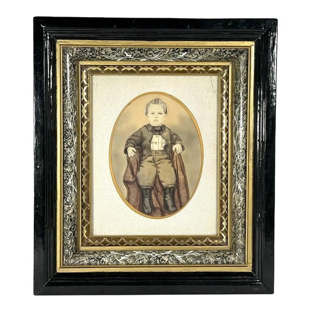 19th Century Victorian Framed Pastel & Watercolor Portrait Painting of Young Boy For Sale