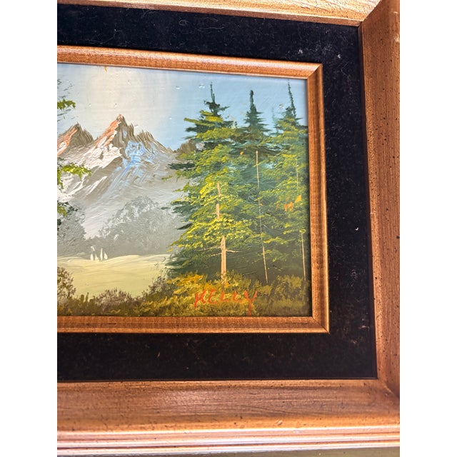 1970s Vintage Mid-Century Modern Mountain Lake Oil Painting Signed Kelly Wood Velvet Frame For Sale - Image 5 of 10