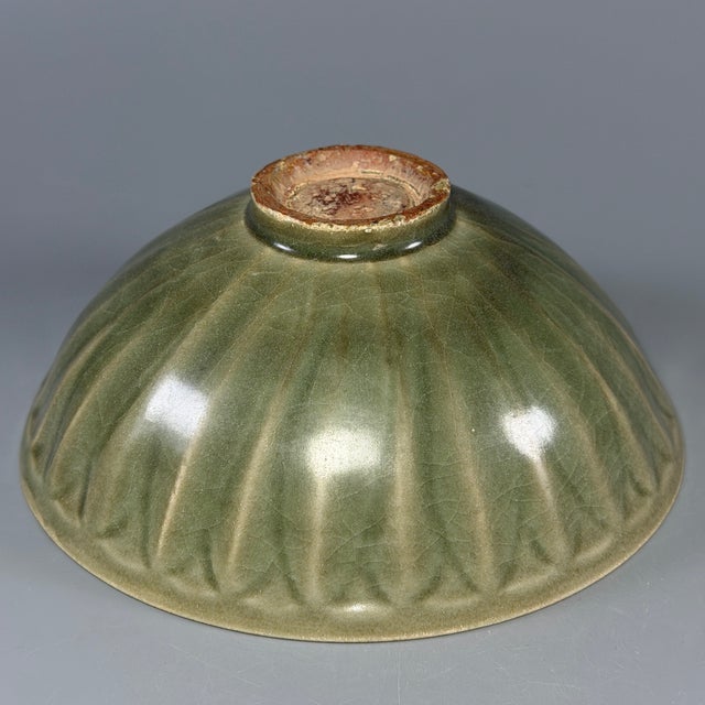 Ceramic Antique Chinese Longquan Celadon Carved Lotus Bowl For Sale - Image 7 of 8