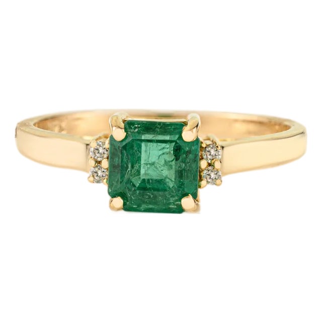 Certified 1Ct Square Cut Natural Emerald & Diamond Solitaire Ring Size 6 in 14k Gold For Sale