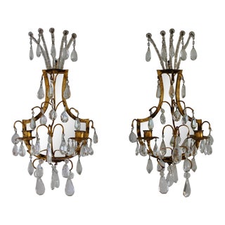 Pair of Mid-Century Italian Gilt Tole Mirrored Candle Sconces With Crystals For Sale