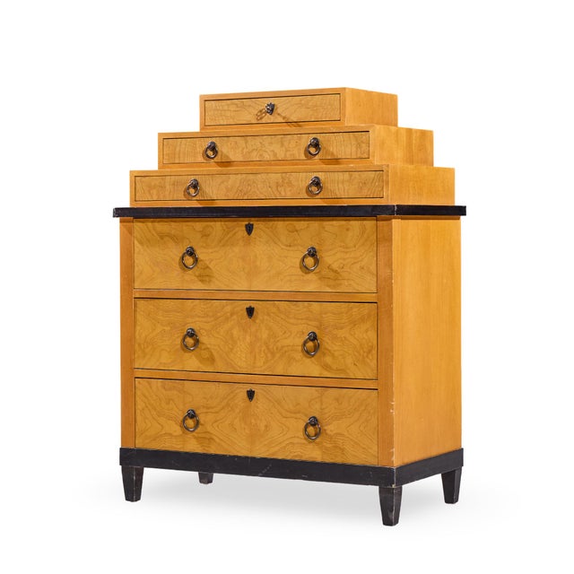 Biedermeier Baker Furniture Biedermeier Style Burlwood Highboy Dresser For Sale - Image 3 of 10