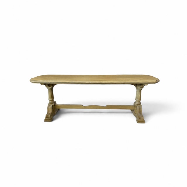 Vintage Butter Yellow Painted Trestle Sofa Table With Scalloped Top For Sale - Image 4 of 18