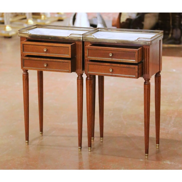 Wood Pair of Vintage French Louis XVI Marble Top Mahogany Two-Drawer Nightstands For Sale - Image 7 of 14