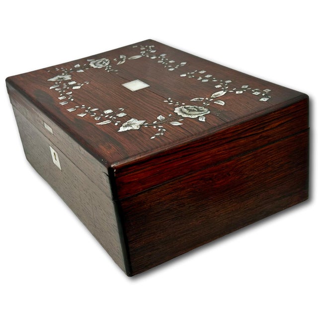 Outstanding Antique Victorian Rosewood Veneer Sewing Box With Fancy Abalone Seashell Inlay Flowers - Circa 1870s For Sale - Image 14 of 18