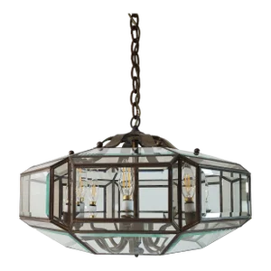 1970s Mid-Century Modern 8-Light Brass and Beveled Glass Chandelier Pendant