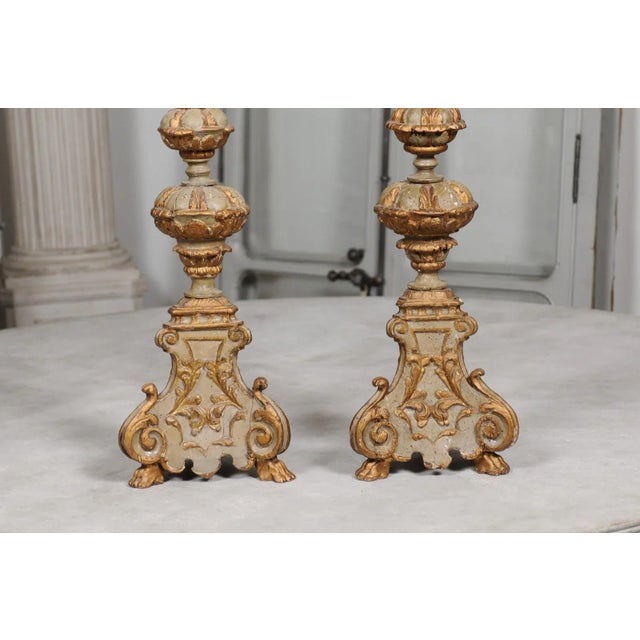 Rococo Early 19th Century French Rococo Style Carved and Painted Candlesticks - A Pair For Sale - Image 3 of 12