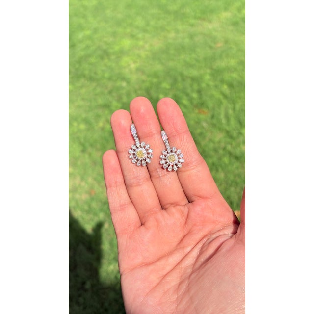 Vintage Style 2.29 Ct Fancy Yellow Diamond Floral Cluster Drop Earrings 18k Gold- A Pair For Sale In New York - Image 6 of 14