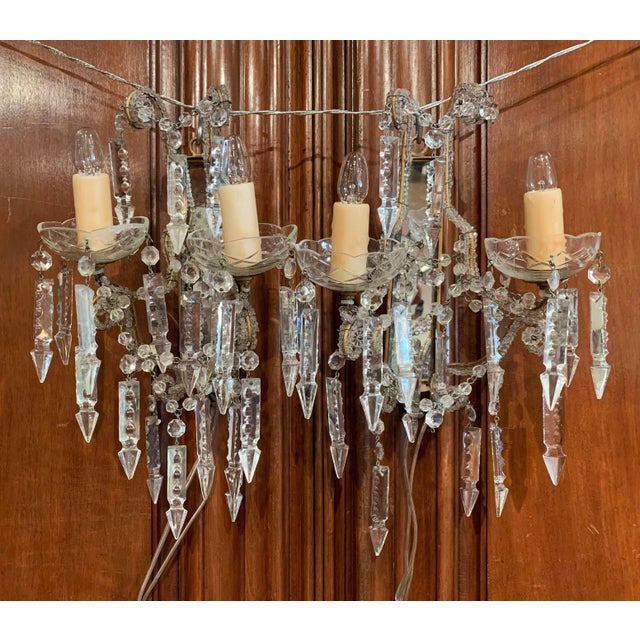 Pair Early 20th Century Italian Crystal Two-Light Wall Sconces For Sale - Image 4 of 7