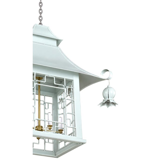 Metal Vintage Chinoiserie Light Blue Iron Four-Lamp Pagoda Chandelier For Sale - Image 7 of 11
