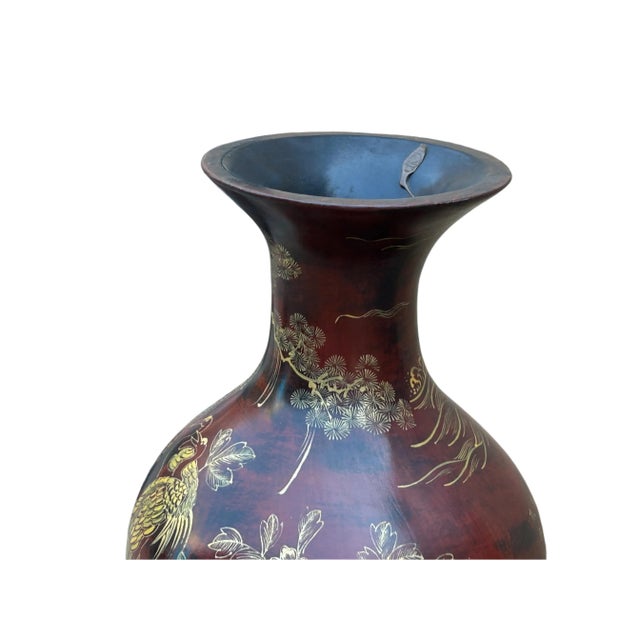 Brown Chinese Brown Lacquer Golden Scenery Decorative Wood Vase Art For Sale - Image 8 of 18
