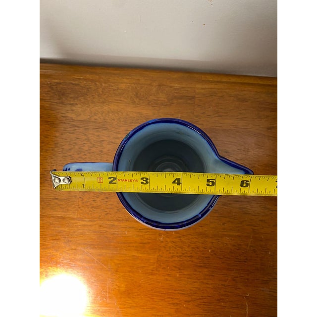 Vintage Vestal Alcobaca Portugal Pottery Hand Painted Floral Blue Pitcher For Sale - Image 9 of 10