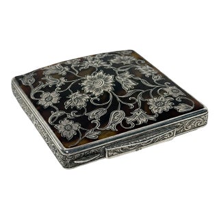 1900s Swedish Sterling Silver and Faux Tortoiseshell Floral Compact For Sale