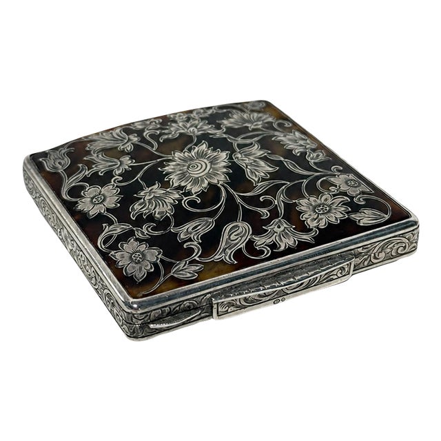 1900s Swedish Sterling Silver and Faux Tortoiseshell Floral Compact For Sale