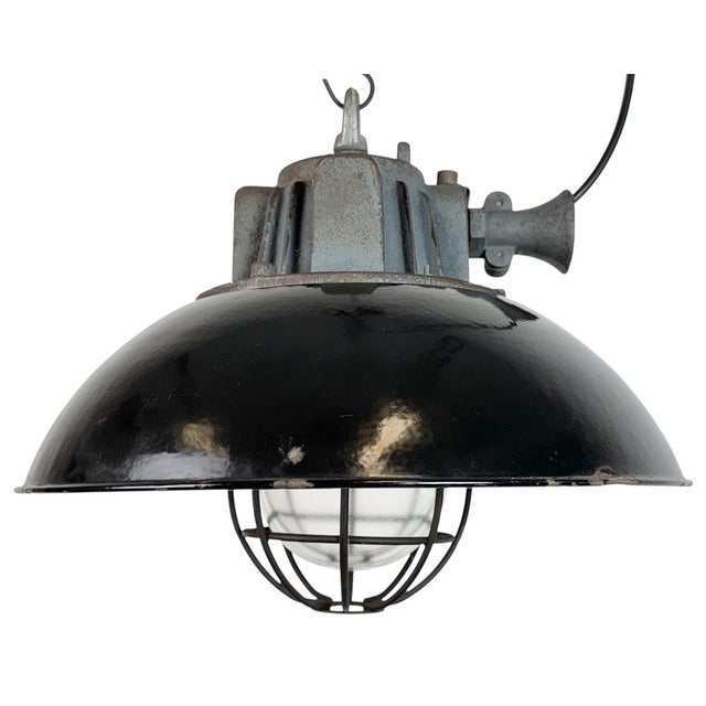 Industrial Black Enamel and Cast Iron Cage Pendant Light from Elektrosvit, 1960s For Sale - Image 18 of 18