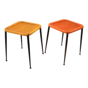 Pair of 1960s Mid-Century Modern Gio Ponti Style Steel & Handwoven Plastic Stools, Italy
