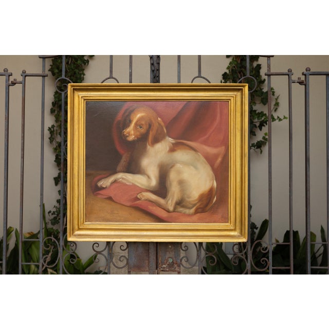 American 1890s Framed Oil on Board Painting Depicting a Dog Lying on a Red Drape For Sale In Atlanta - Image 6 of 12