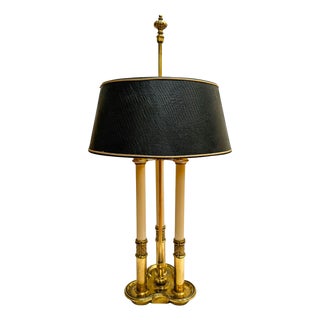Mid 20th Century Neoclassical Stiffel Solid Brass 3-Light Bouillotte Lamp With Black Snakeskin Shade For Sale