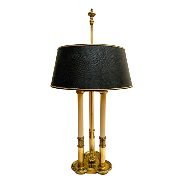 Mid 20th Century Neoclassical Stiffel Solid Brass 3-Light Bouillotte Lamp With Black Snakeskin Shade For Sale