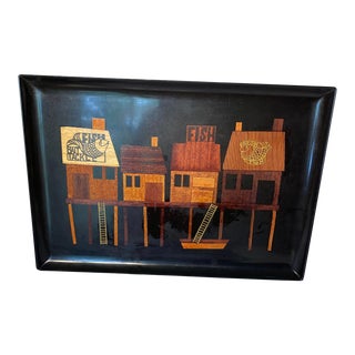 Vintage Black Lacquer Couroc Fish House Tray With Wood and Brass Accent Details For Sale
