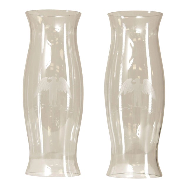 Federal Style Vintage Pair Of Eagle Etched Glass Hurricane Shades For Sale