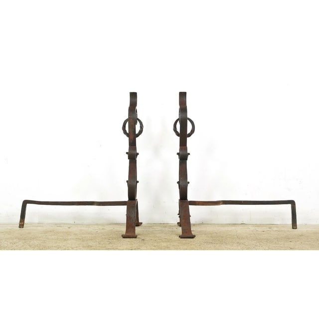 Pair of Arts & Crafts Antique Wrought Iron Andirons For Sale - Image 6 of 9