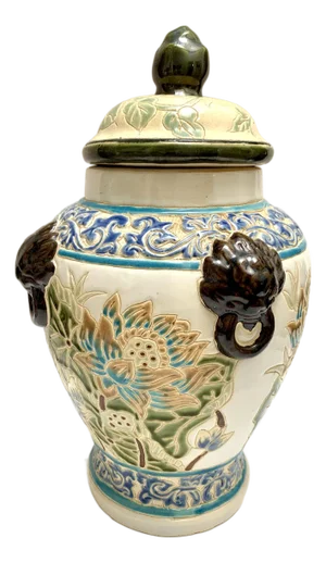 Vintage Large Pottery Asian Chinoiserie Floral Vessel or Ginger Jar Urn