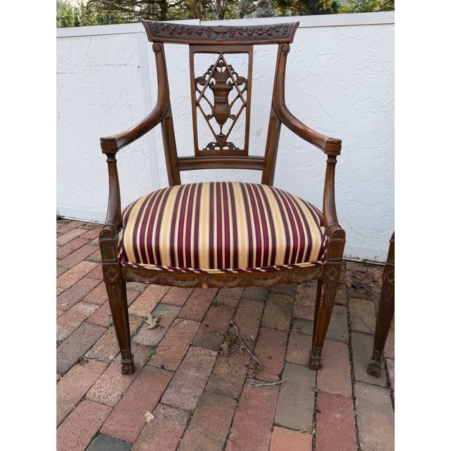 Splendid pair of English Neoclassic chairs, custom fabric, with piping, note matching stripes, in lovely condition, with...