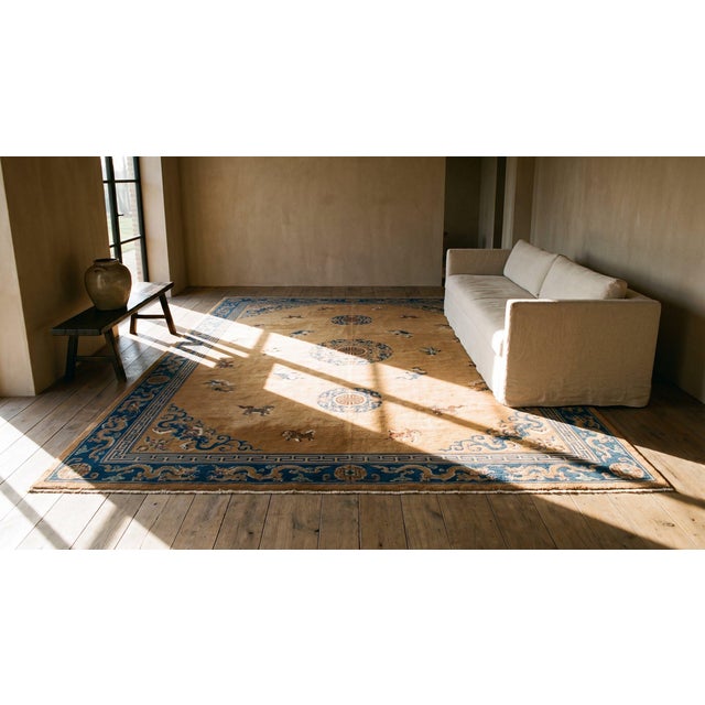 Tan Spectacular Tan and Blue Color With Dragon Design Antique Chinese Rug For Sale - Image 8 of 8