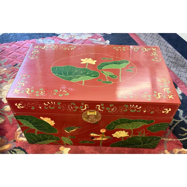 Asian Red Lacquer Trunk Hand Painted Lilly Pad Motif For Sale - Image 4 of 9