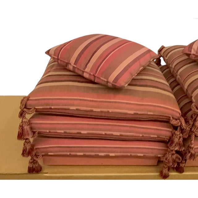 Contemporary Pair of 1990s Matching Custom-Made Pillow Stacked Ottomans on Casters With Tassels For Sale - Image 3 of 8