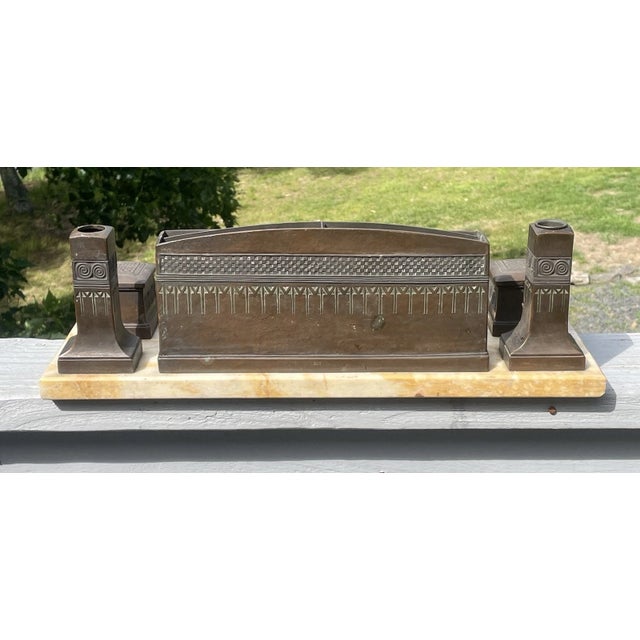 Late 19th Century Fine Antique Bronze Double Inkwell on Marble Stone Art Nouveau Arts Crafts Desk For Sale - Image 5 of 14