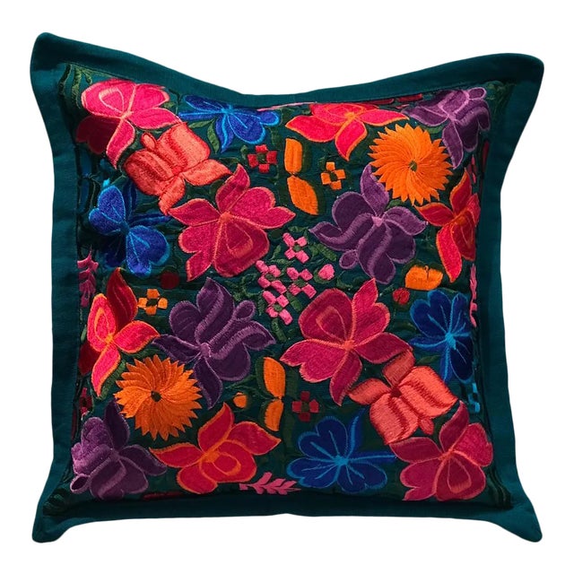 Mexican Floral Embroidered Pillow Cover For Sale