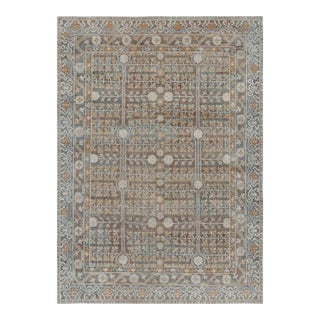 Rug & Kilim’s Modern Block Print Rug in Teal Blue with Geometric-Floral Patterns - 7x9 For Sale