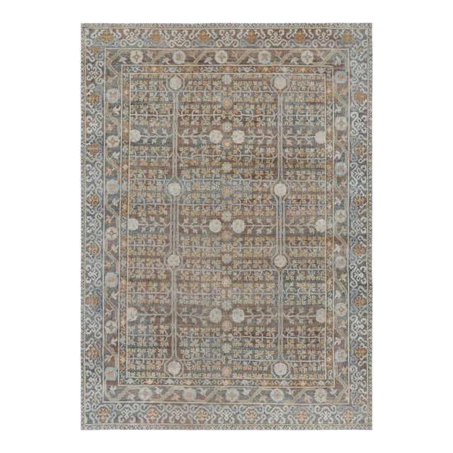 Rug & Kilim’s Modern Block Print Rug in Teal Blue with Geometric-Floral Patterns - 7x9 For Sale