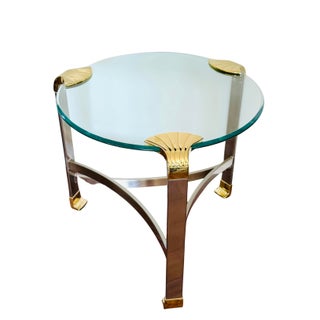 Vintage Hollywood Regency Chrome & Brass Glass-Top Side Table | Sculptural Tri-Leg Base | Art Deco Revival Accent Table For Sale