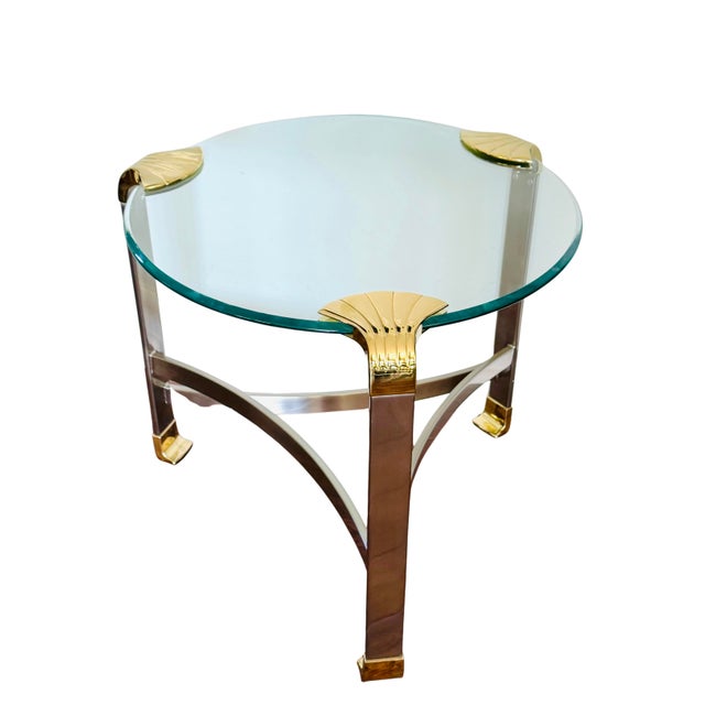 Vintage Hollywood Regency Chrome & Brass Glass-Top Side Table | Sculptural Tri-Leg Base | Art Deco Revival Accent Table For Sale