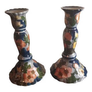 1960s Andrea by Sadek Floral Hand Painted Candlesticks - a Pair For Sale