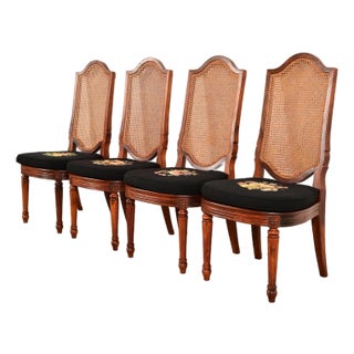 Karges Style French Regency Louis XVI Carved Teak and Cane Back Dining Chairs, Set of Four For Sale