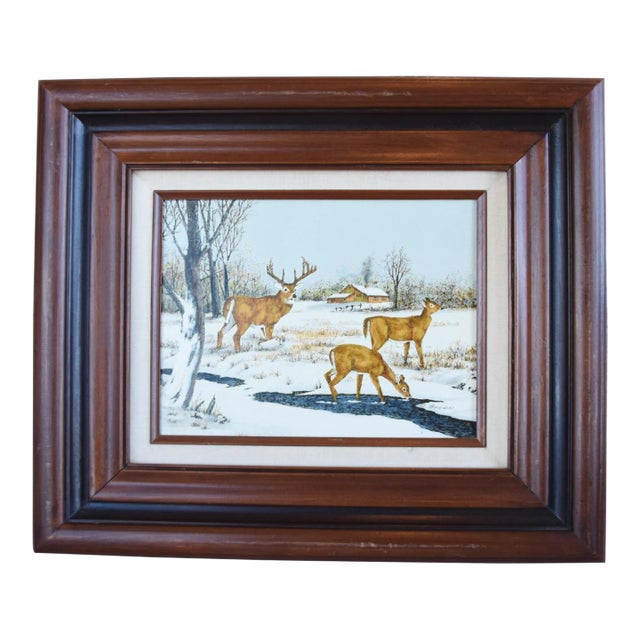 Artist Signed Stag and Doe Deer's in Snowy Landscape Painting W/ Frame For Sale