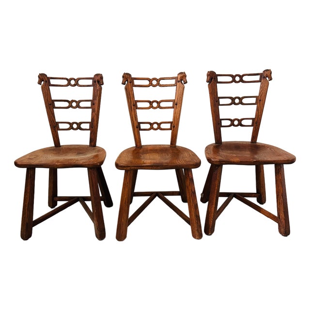 1940s Romweber Viking Oak Equestrian Horse Head Dining Side Chair Trio For Sale