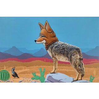 Masks We Wear, Overtaking the Past by 3rd Version (Ben Patterson) | Oil on masonite panel Coyote in a mask standing in a desert landscape. For Sale