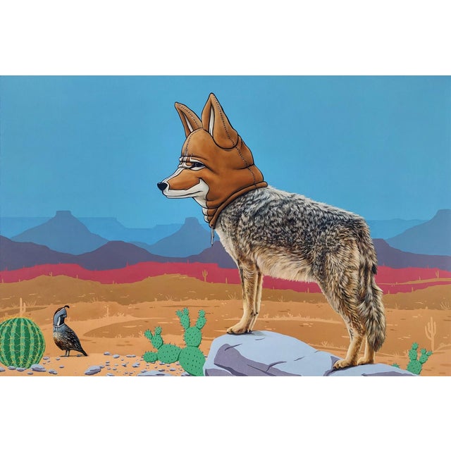 Masks We Wear, Overtaking the Past by 3rd Version (Ben Patterson) | Oil on masonite panel Coyote in a mask standing in a desert landscape. For Sale