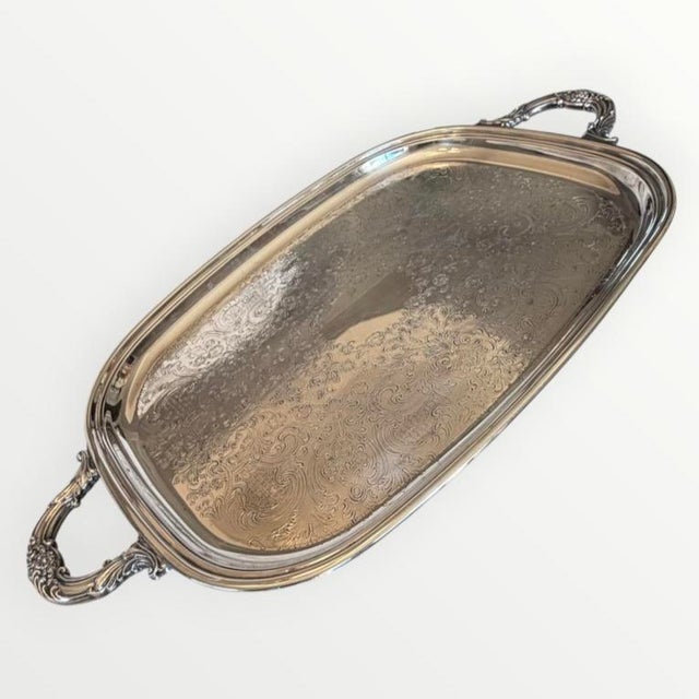 Vintage Silver Plate Large Butler's Buffet Tray With Handles and Feet For Sale - Image 11 of 18